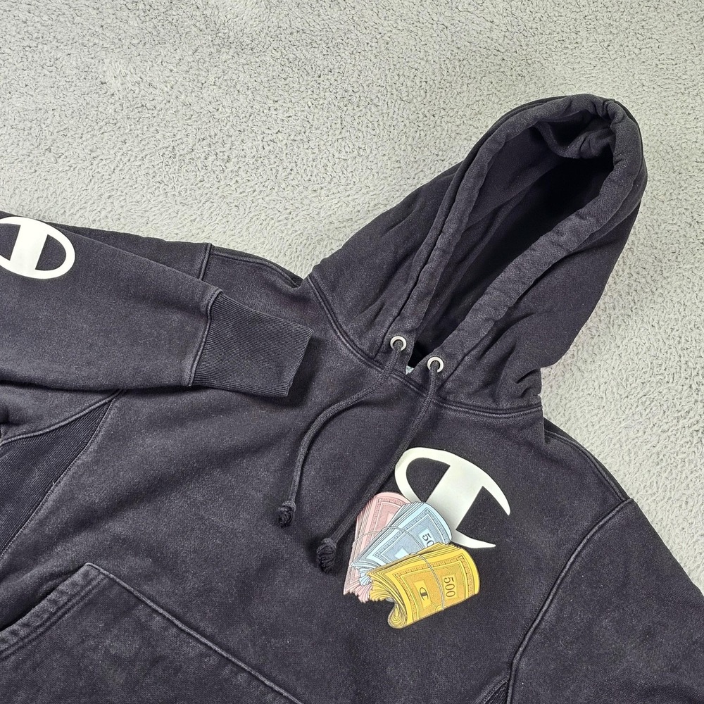 Champion Reverse Weave Hoodie Mens Small Black Monopoly Money Graphic Pullover